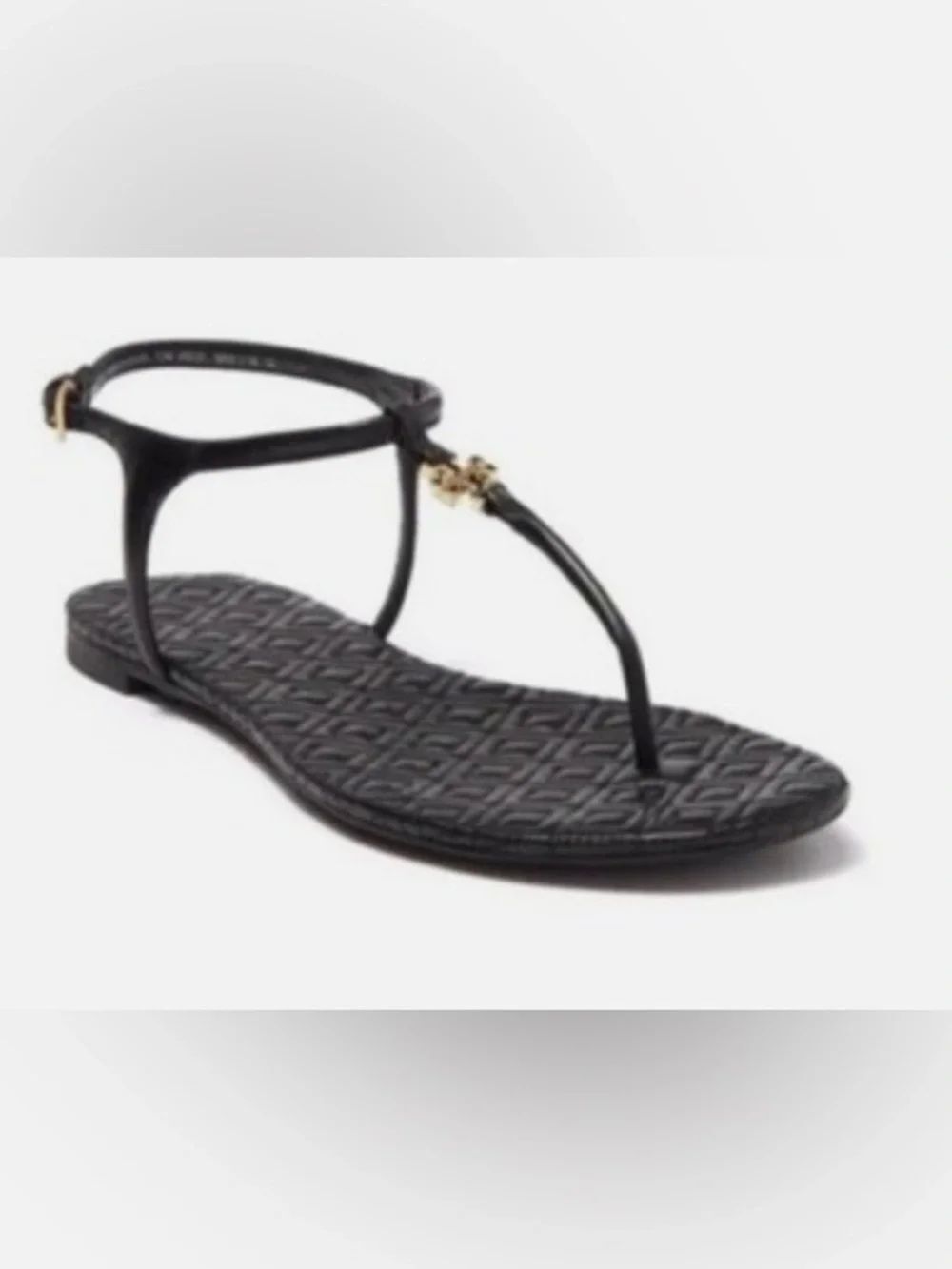 Tory Burch Black T-strap quilted Sandals with Gold Logo Accent